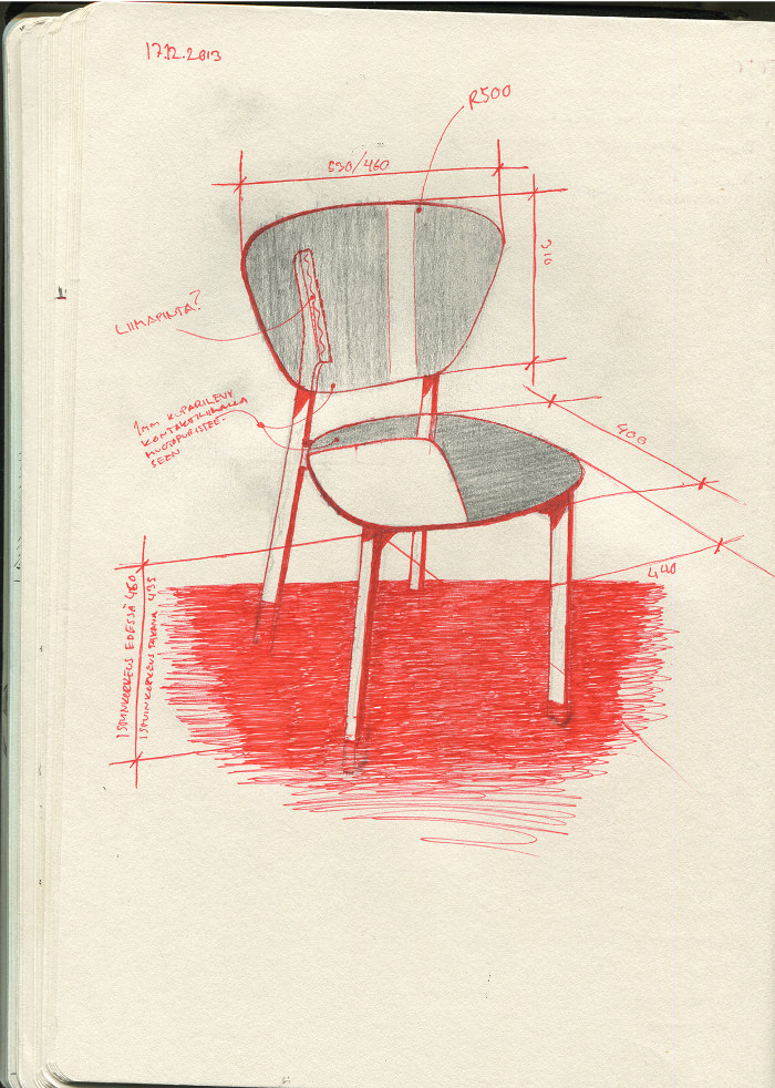 croquis - design - Doppio café chair bois et cuivre par Riku Tuppela